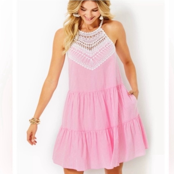 🔥Lilly Pulitzer Britt Seersucker Striped Halter Lace Dress Havana Pink - Picture 2 of 10